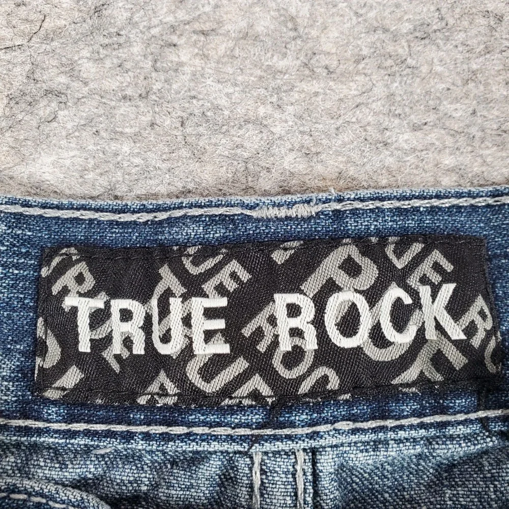 True Rock Denim Shorts Men 34 Blue Relaxed Fit Sandblasted Fade Y2K Skater Baggy